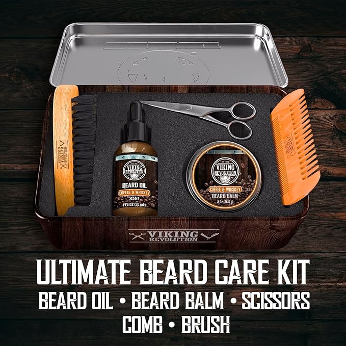 Viking Revolution - Ultimate Beard Kit Coffee and Whiskey - Beard Grooming Kit for Men with Beard Brush Beard Comb Beard Balm Beard Oil Beard and Moustache Scissors - Husband Gifts for Men