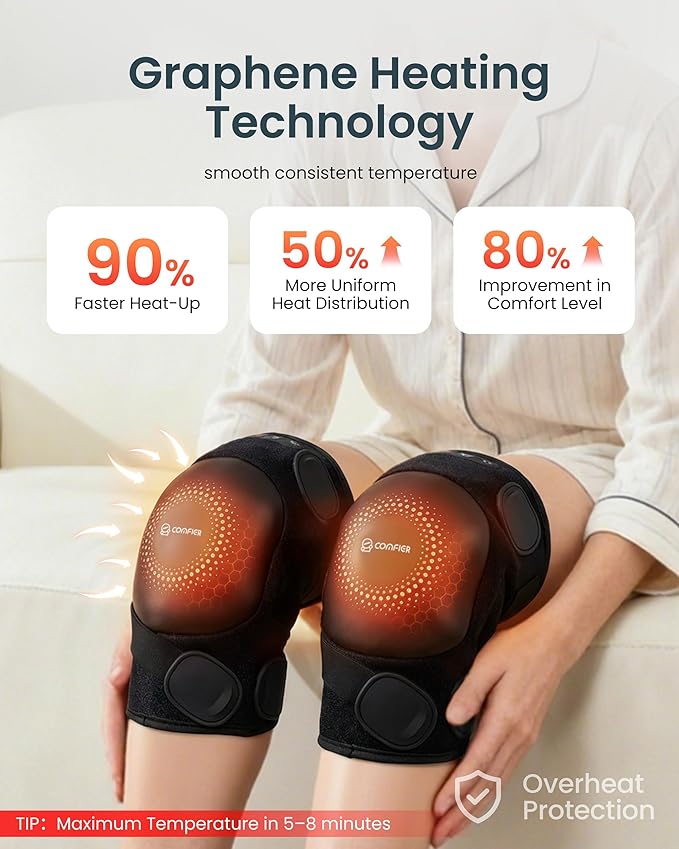 COMFIER Cordless Knee Massager with Graphene Heating 3 Vibration Motors Rechargeable Heated Knee Brace with 5 Modes &amp 3 Heat Levels Portable Heating Pad for Men Women Seniors Gift for Mom Dad