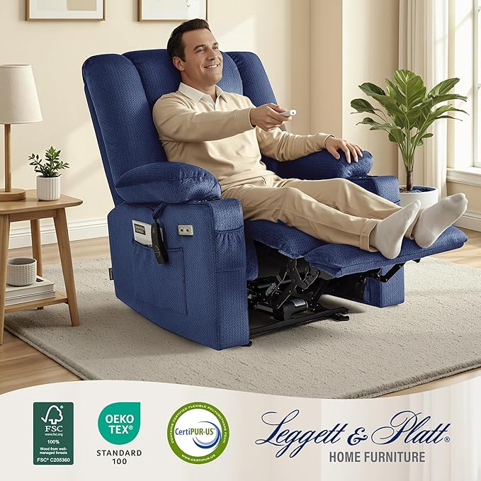 MCombo Oversized Recliner Chair for Big and Tall Zero Gravity Recliner with Massage and Heat USB &amp Type C Ports Cup Holders for Living Room PR671 (Navy Blue Oversized)