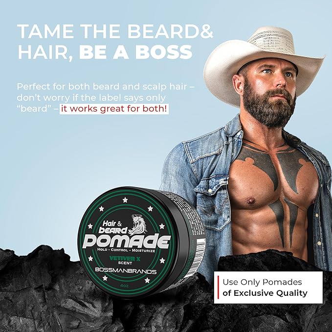 Bossman Natural Hair &amp Beard Pomade for Men (Vetiver X Scent) – Medium Hold &amp Moisturizing for Hair Beard &amp Mustache Styling – Made in USA