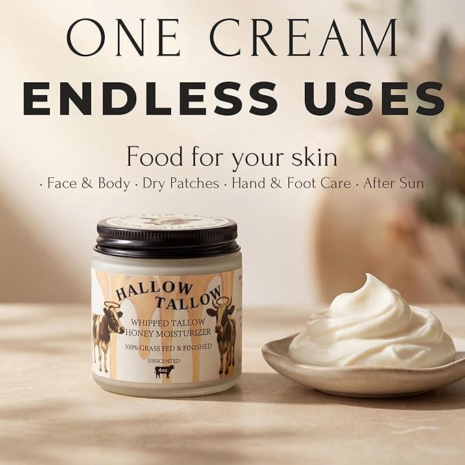 Hallow Tallow Whipped Beef Tallow Moisturizer – 100% Grass-Fed &amp Finished Tallow Balm with Manuka Honey Jojoba &amp Olive Oil Calendula Extract – Natural Hydrating Face &amp Body Cream 4oz
