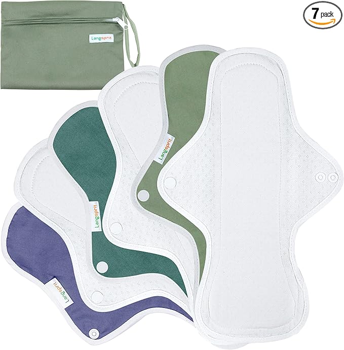 Langsprit Reusable Sanitary Pads for Women Feminine Pads for Women Regular Absorbency Cotton Washable Cloth Menstrual Pads 6pcs Set with Mini Wet Bag Leakfree and Periods (Extra Large)