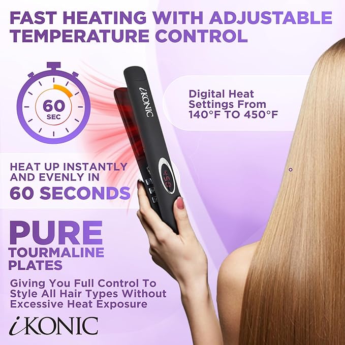IKonic 100% Tourmaline Ceramic Hair Straightener &amp Curler– Anti-Static Infrared Ionic 2-in-1 Dual Voltage Flat Iron –1” Floating Plates Adjustable Temp 140–450°F Frizz-Free &amp Fast Heat Hair