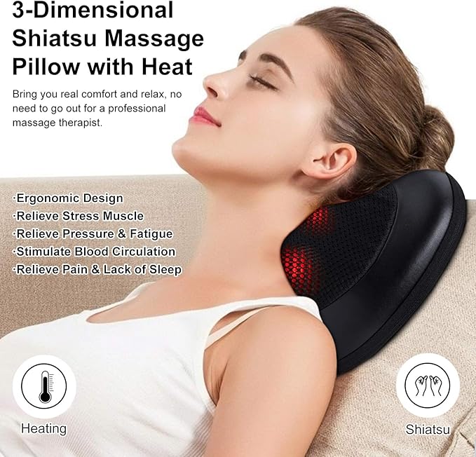 Massage Pillow Shiatsu Neck and Back Massager with Heat Deep Tissue Kneading Massager for Lower Back Neck Shoulder Foot Calf Leg Muscle Pain Relief Home or Car Relaxtion Gifts for Men Women