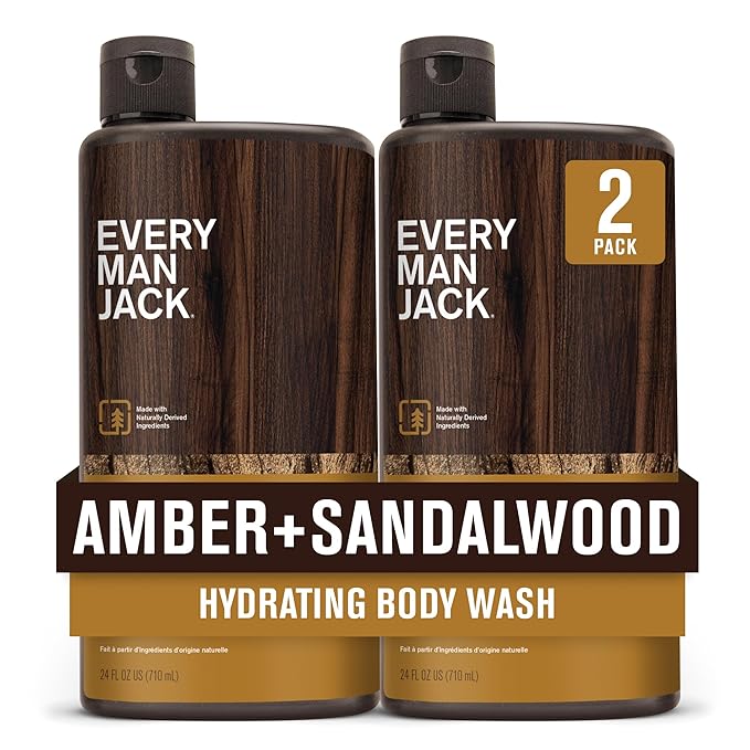 Every Man Jack Amber+Sandalwood Hydrating Mens Body Wash for All Skin Types-Cleanse Nourish and Hydrate Skin with Naturally Derived Ingredients-Paraben Free Phthalate Free Dye Free-24oz(Pack of 2)