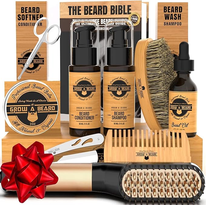 Beard Straightener Grooming Kit for Men Beard Growth Kit Wash Brush &amp Comb Unscented Growth Oil All Natural Sandalwood Balm Conditioner Razor &amp Scissors Great Gift Idea for Men's (Bamb