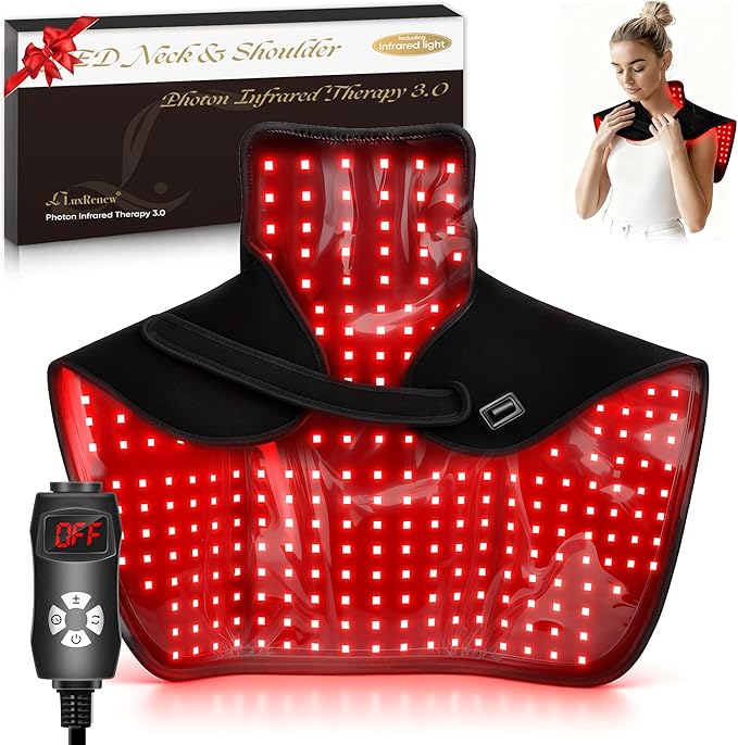 Wearable Red Light Therapy Wrap 3.0 for Neck and Shoulder – 660nm and 850nm LED Infrared Heating Pad with 288 LEDs Deep Warming Muscle Comfort Adjustable Timing Relaxing Neck Device for Home Use
