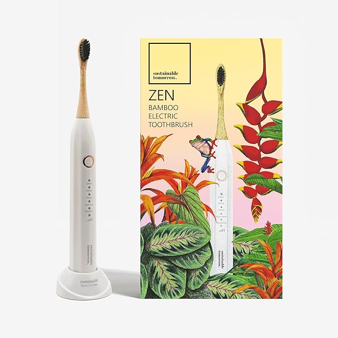 Sustainable Tomorrow Zen Bamboo Electric Toothbrush Durable Wood-Grain ABS Handle Rechargeable w/Plant-Based Soft Bristles Bamboo Heads 5 Modes &amp 30-Day Battery (White)