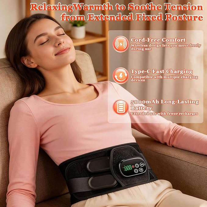 Red Light Therapy Belt for Body Cordless Red Light Therapy Wrap with Heat &amp Vibration 660nm &amp 850nm Light Modes 3 Heating Levels 5000mAh Battery Timer for Waist Back Belly Comfort
