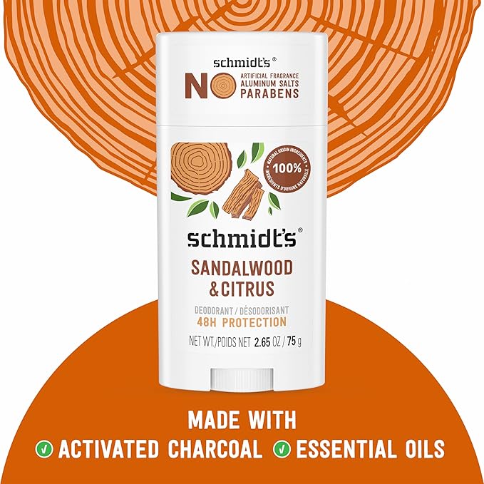 Schmidt's Aluminum-Free Vegan Deodorant Sandalwood &amp Citrus 4 Count for Women and Men with 24 Hour Odor Protection Natural Ingredients Cruelty-Free 2.65 oz