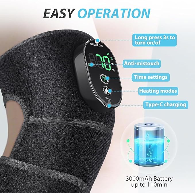 Heated Knee Massager Cordless Knee Heating Pad Heated Knee Brace with 6 Heating Levels 3 Massage Modes &amp Timer Rechargeable Support Wrap for Knee Shoulder Elbow Warmers for Arthritis Black