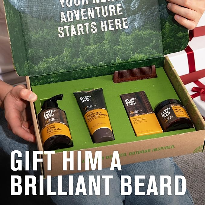 Every Man Jack Beard Essentials Gift Set for Men – Complete Routine with 5 Full-Size Essentials – Sandalwood Scent - Beard &amp Face Wash Lotion Oil Butter &amp Comb