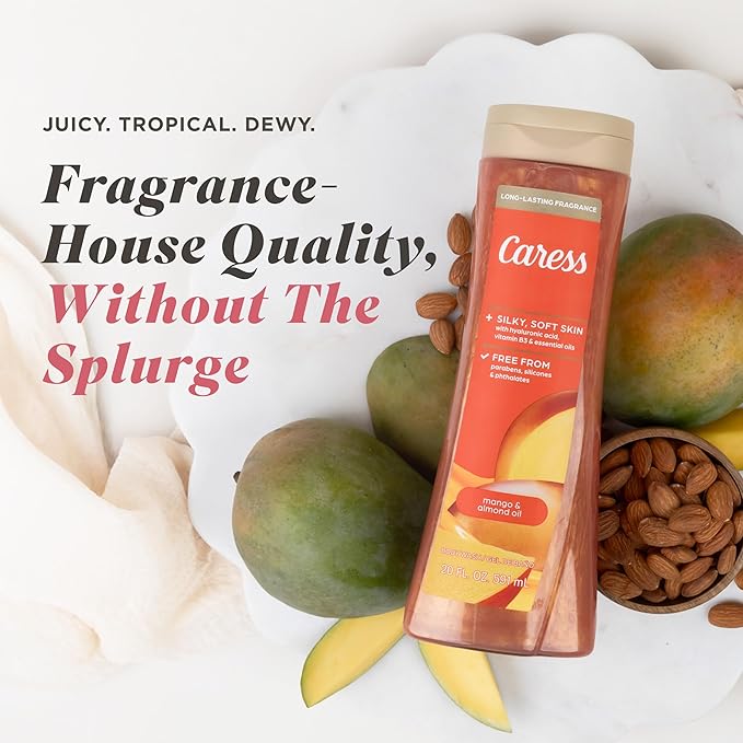 Caress Mango &amp Almond Oil Body Wash Hyaluronic Acid &amp Vitamin B3 for Moisturized Silky Soft Skin Long-Lasting Tropical Fragrance 20 fl oz (4 Pack)