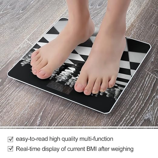 Black White Chess Checkerboard Scale for Body Weight High Precision Digital Weight Scales with LCD Display Anti-Slip Sturdy Slim Tempered Glass Bathroom Scale for Home Use