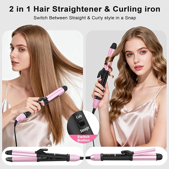 Dual Voltage Curling Iron for Travel110V-240V Curling Iron 1 inch with European Plug Adapter2 in 1 Hair Straightener and CurlerCeramic Curling Irons for Short HairHeat-Resistant Pad(Pink)