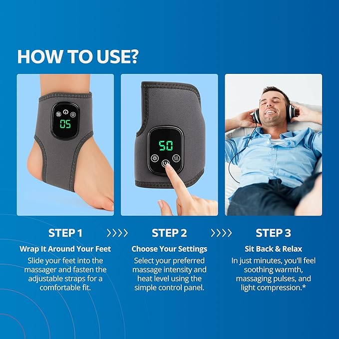 EMSense Triple Therapy Foot Massager | 3 in 1 Cordless &amp Portable Massager with 3 Vibration Modes &amp 3 Heat Levels - 1 Pack