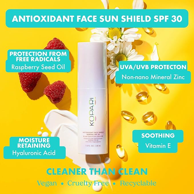 Kopari Antioxidant Face Shield Mineral SPF 30 Lightweight Sheer Texture With Dewy Finish No White Cast with Moisturizing Hyaluronic Acid 1.5 oz