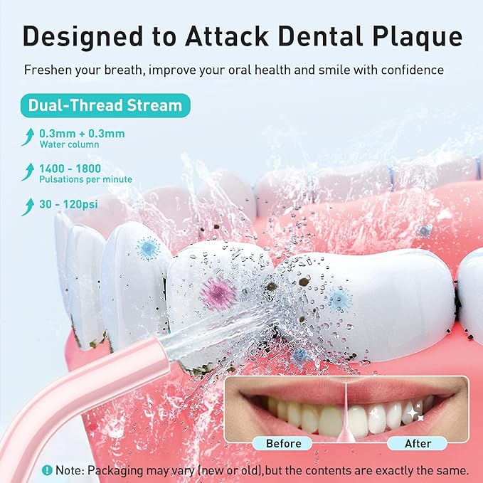 COSLUS Water Dental Flosser Teeth Pick C20(F5020E): Portable Cordless Oral Irrigator 300ML Rechargeable Travel Irrigation Cleaner IPX7 Waterproof Electric Flossing Machine for Teeth Cleaning Pink