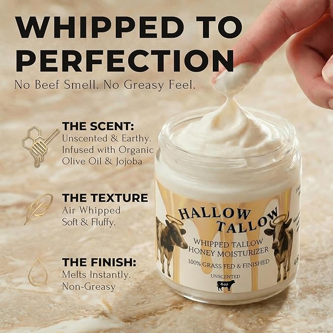 Hallow Tallow Whipped Beef Tallow Moisturizer – 100% Grass-Fed &amp Finished Tallow Balm with Manuka Honey Jojoba &amp Olive Oil Calendula Extract – Natural Hydrating Face &amp Body Cream 4oz