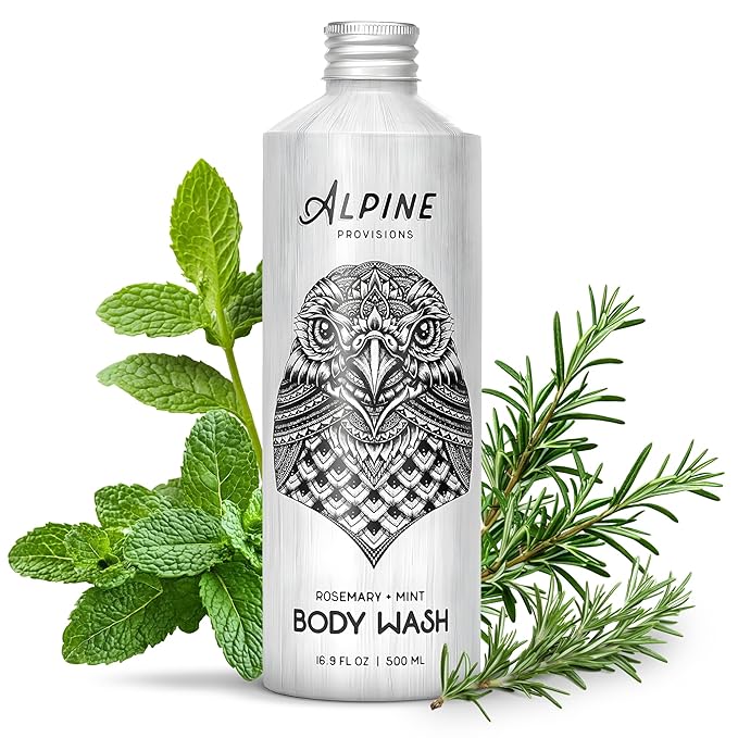Alpine Provisions Natural &amp Organic Body Wash with Rosemary &amp Mint – Moisturizing Shower Gel with Aloe Vera Coconut Oil &amp Essential Oils – Vegan Sulfate-Free Plastic-Free – 16.9 fl oz