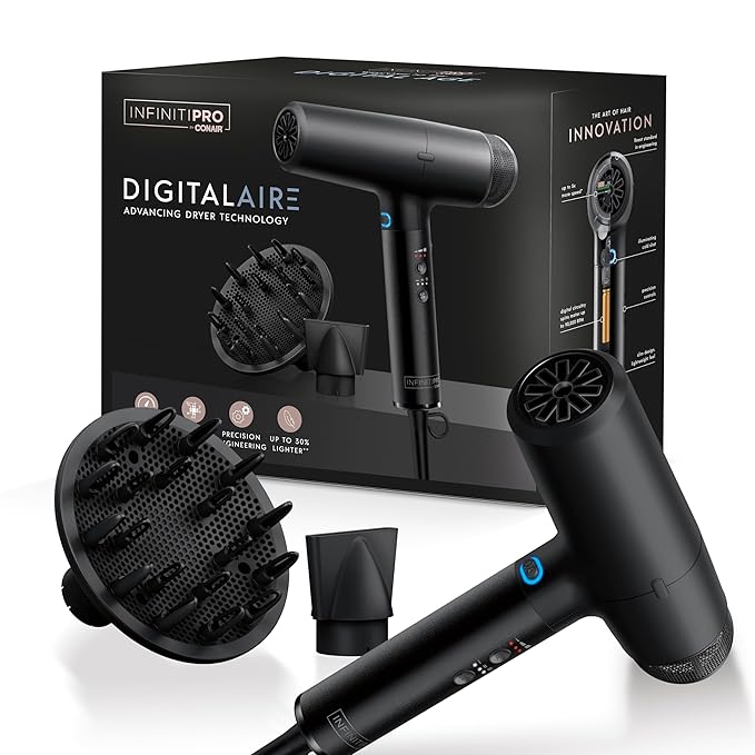 INFINITIPRO by CONAIR DigitalAIRE Hair Dryer | Frizz-Eliminating Hair Dryer with Diffuser | Hair Blow Dryer with Up to 5X More Speed for Higher Air Pressure &amp Drying Power | Black (Pack of 2)