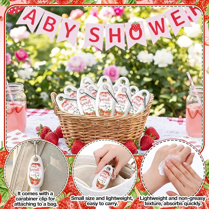 Leelosp 30 Pcs Mini Sunscreen Spf 30 with Carabiner Bulk Travel Size 1 Fl oz Water Resistant Sunblock Lotion Party Favors for Guests Berry Sweet Baby Shower Strawberry Theme Gifts