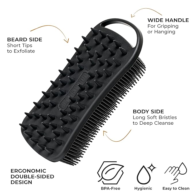 Blackwood For Men Pure Moisture Body Wash (17 oz) + Double Duty Beard &amp Body Scrubber Bundle - Natural Vegan Formula for Sensitive Skin and Workout Recovery - Dual-Sided Men's Shower Tool