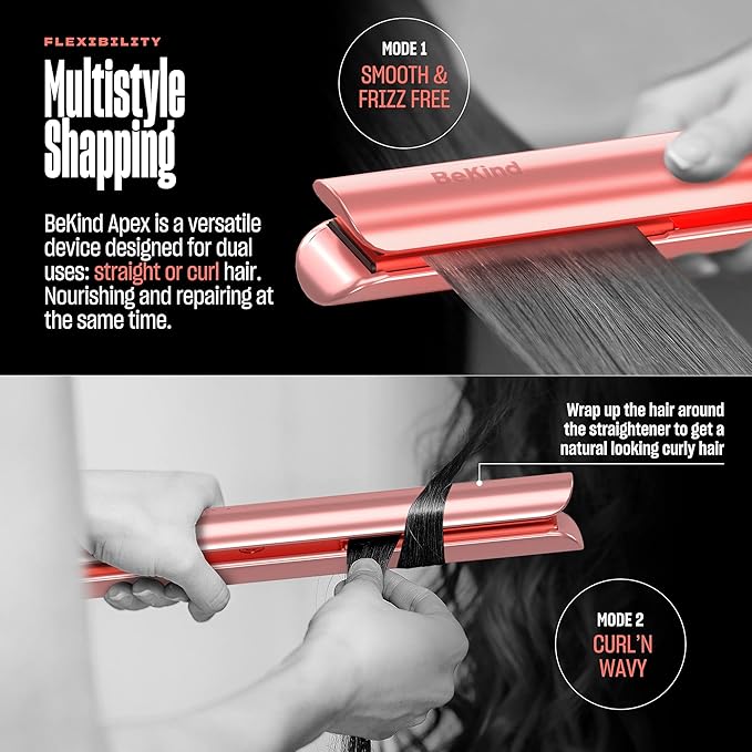 2-in-1 Hair Straightener Flat Iron by BeKind Apex | 1“ 460°F Straightener and Curler for All Hairstyles | UltraSmooth Tech | 15s Fast Heating &amp Temp Memory | Gift Set for Girls Women (Apex Peach)