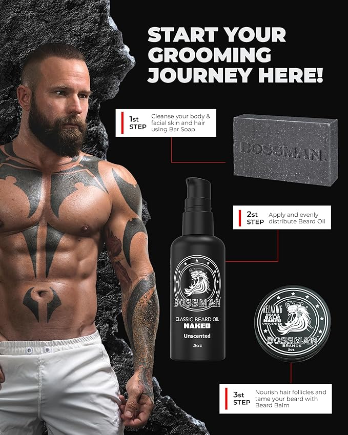 Bossman Starter Beard Kit for Men – Beard Oil (2 oz) Beard Balm &amp Bar Soap – Natural &amp Organic Grooming Kit – Made in the USA Men Gift Set (Naked – Unscented)