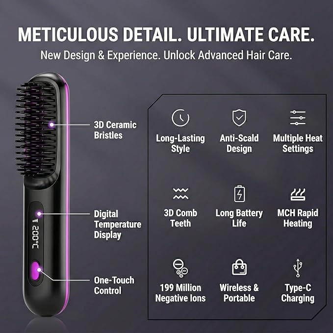 Cordless Hair Straightener Brush with 199M Negative Ions Portable Mini Straightening Comb for Travel 20s Fast MCH Ceramic Heating LCD Display Hair Tools with Bonus Storage Pouch