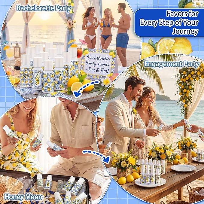 Demissle 24 Pcs Amalfi Coast Party Decorations Travel Size Mini Sunscreen Bulk Spf 30+ Summer Capri Lemon Small Sunscreen for Wedding Bridal Shower Mediterranean Party Decor 1 Fl. oz