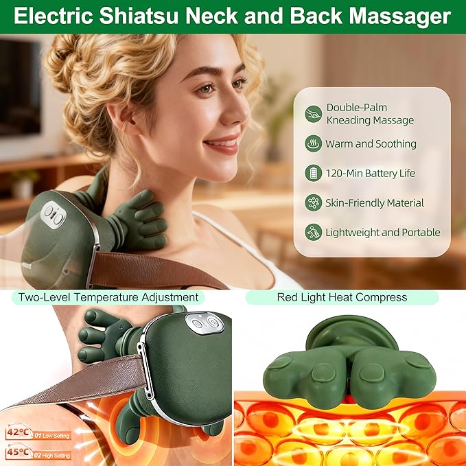 OTAVILEM Neck Massager with Heat Shiatsu Neck and Back Massager with 4D KneadingSimulated Human Hand Design Electric Deep Tissue Massage for Pain Relief and Muscle Relax