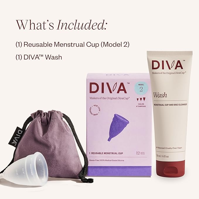 Diva Cup &amp Diva Wash Combo Pack - Medical Grade Silicone Cup for Period Care - Reusable Menstrual Cup - Cleaner for Period Cup - Cup Model 2 (for Wide Vaginal Canals Post-Partum &amp Ages 35+)