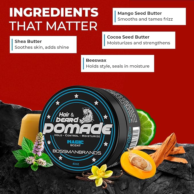 Bossman Hair &amp Beard Pomade for Men (Magic Scent) – Medium Hold &amp Moisturizing for Hair Beard &amp Mustache Styling – Made in USA
