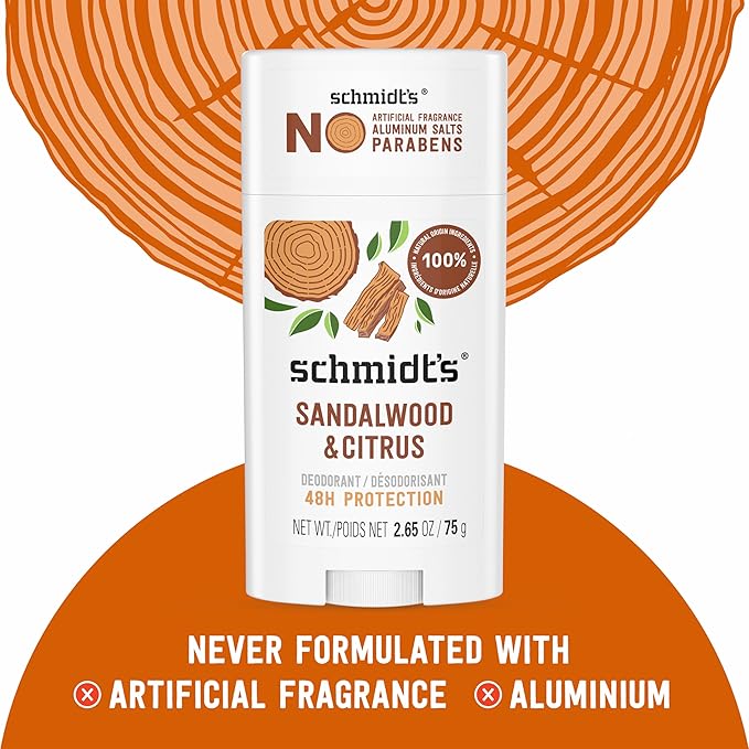 Schmidt's Aluminum-Free Vegan Deodorant Sandalwood &amp Citrus 4 Count for Women and Men with 24 Hour Odor Protection Natural Ingredients Cruelty-Free 2.65 oz