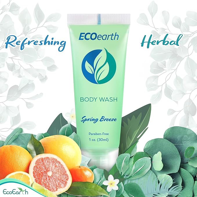 EcoEarth Travel Size Body Wash (1 fl oz 100 PK Spring Breeze) Delight Your Guests with a Revitalizing and Refreshing Hotel Body Wash Quality Mini and Small Size Guest Hotel Toiletries in Bulk