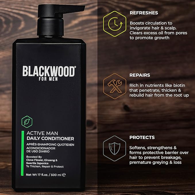 BLACKWOOD FOR MEN Active Man Daily Conditioner (17oz) and Pure Moisture Body Wash (17oz) Bundle - Natural Vegan Formula - Sulfate Free Paraben Free &amp Cruelty Free