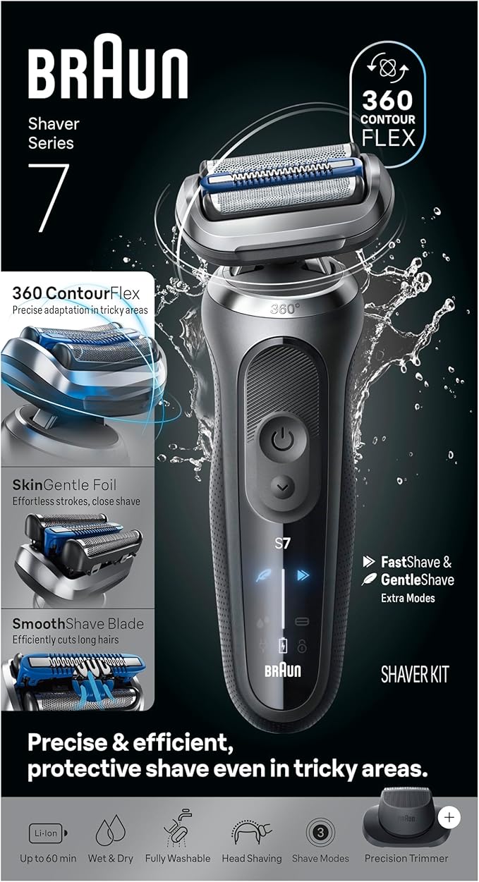 Braun Electric Shaver for Men Series 7 7120s Wet &amp Dry Shave Turbo &amp Gentle Shaving Modes Waterproof Foil Shaver with Precision Trimmer Space Grey