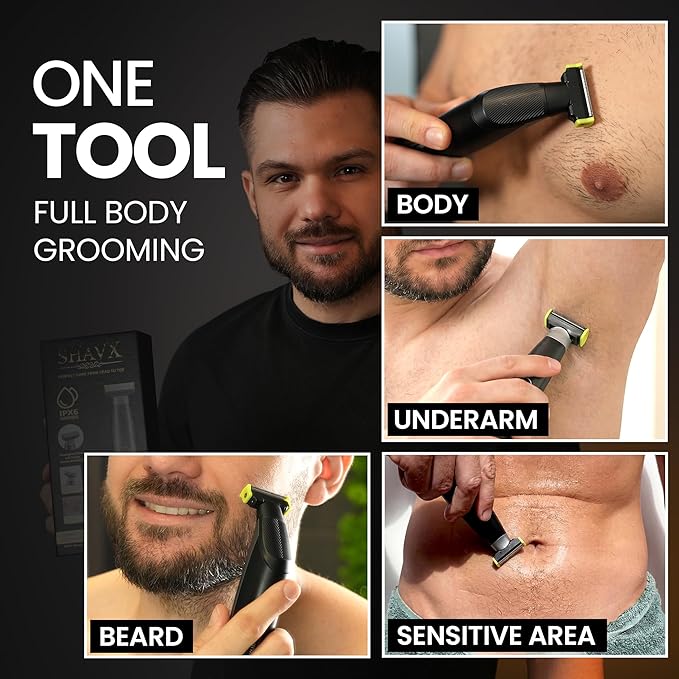 Body Hair Trimmer for Men Electric Shaver for Pubic &amp Groin Hair Ball Groomer Beard Chest Legs Sensitive Areas with Skin-Safe Dual Blades Waterproof Wet-Dry IPX6 Rechargeable USB-C 3 Combs