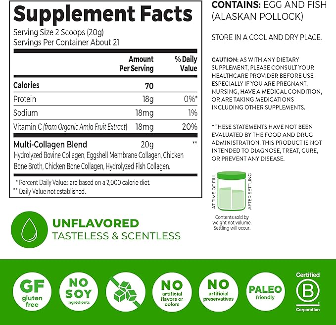 Orgain Hydrolyzed Multi Collagen Powder for Women &amp Men 20g Collagen Supports Hair Skin Nail &amp Joint Health Type I II III V X Vitamin C &amp Amino Acids Non-GMO Unflavored (21 Ser