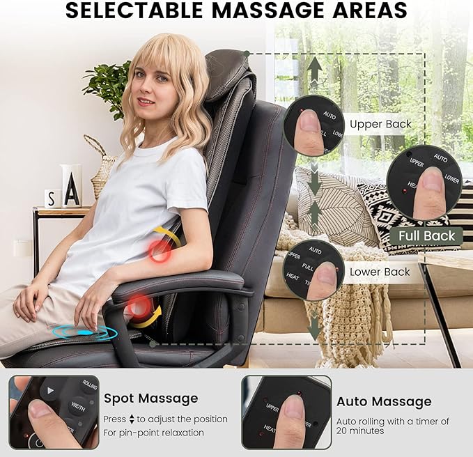 Giantex Massage Seat Cushion with Heat &amp Vibration Removable Neck Pillow &amp Back Flap Adjustable Width 3-Level Timer Spot Massage Rolling Shiatsu Massager for Full Back