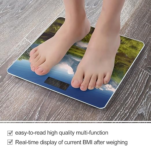 Beautiful Scenery Scale for Body Weight Safe Rounded Corners Tempered Glass Digital Bathroom Scale LED Display 400lb Capacity Weight Scales with High Precision Sensors
