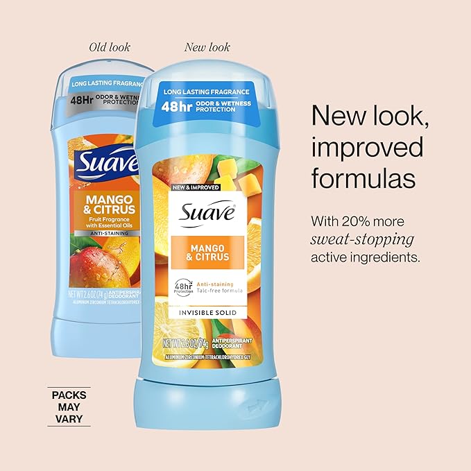 Suave Antiperspirant Deodorant For Women Invisible Underarm Deodorant 48hr Odor &amp Wetness Protection Mango Citrus Sensitive Skin Deodorant Solid Stick 2.6 oz (12 Bulk Pack)