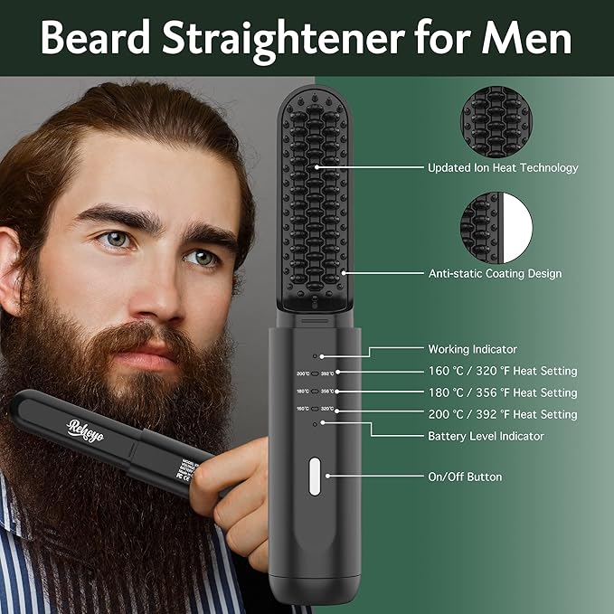 Beard Straightener for Men Portable Cordless Heated Hair &amp Beard Straightening Brush with Anti-Scald &amp Ionic Technology 3 Temperature Setting Comb for Home Travel