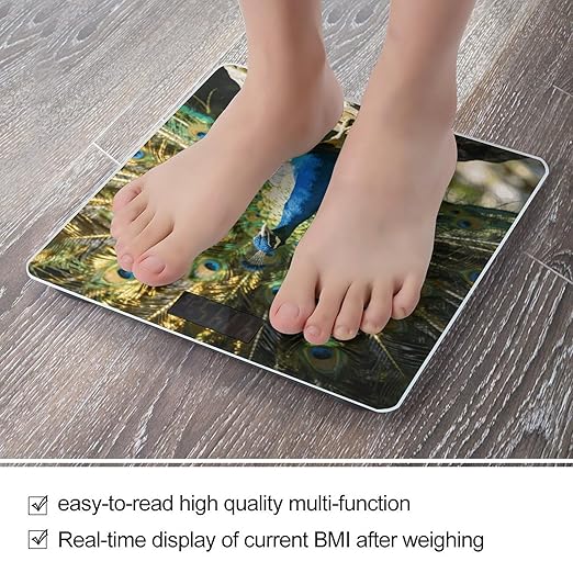 Beautiful Peacock with Colorful Feathers Weight ScaleClear LED Display Bathroom Digital Weighing ScaleTempered Glass Digital Bathroom Scale for Body Weight Capacity Up to 400 Lbs