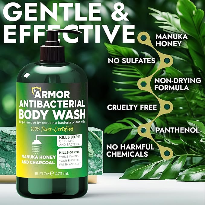 Antibacterial Body Wash | Antibacterial Soap for Men &amp Women | Kills 99.9% of Germs &amp Bacteria | Helps with Back Acne Body Odor &amp Skin Irritation | Manuka Honey &amp Charcoal 16 fl oz