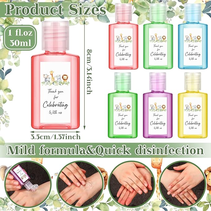 Gejoy 48 Pcs Jungle Animal Mini Hand Sanitizer Bulk Baby Shower Favors for Guest Hand Sanitizer Party Favors 1fl oz Travel Size Thank You Hand Soap Gift for Personalized Baby Shower Party Supplies