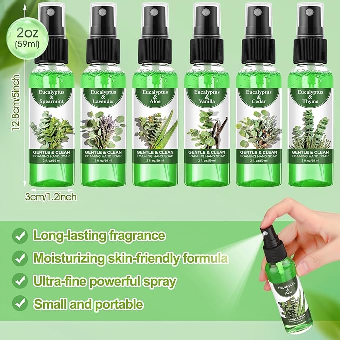 12 Pcs Greenery Eucalyptus Scented Hand Sanitizer Spray with Essential Oil Hydrating Small Hand Sanitizer Spray Travel Size 2 Fl. oz Compact Bottle for Pocket Purse Bag Handbag Desk Drawer Car