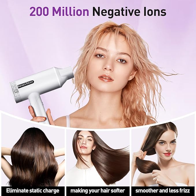Hair Dryer High-Speed Ionic Blow Dryer Powerful 1600 Watt Motor for Fast Drying and Straight &amp Wavy Hair Foldable Lightweight Hairdryer with Magnetic Suction Nozzle for Home Salon Travel