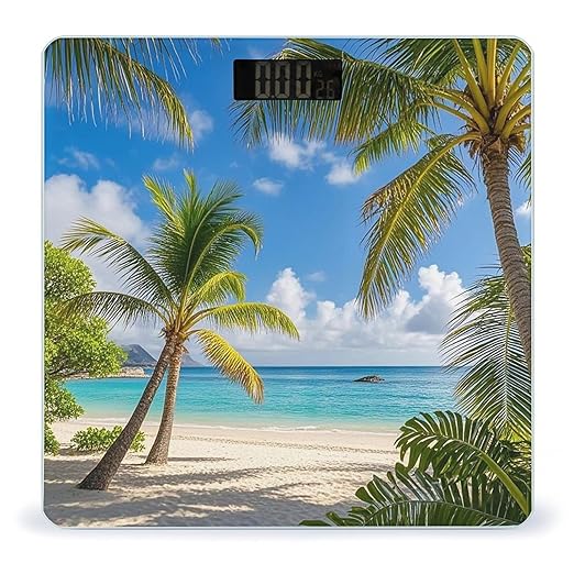 Tropical Palm Tree Hawaii Beach Bathroom Scale Automatic Power On/Off Body Scales LCD Backlight Display Square Digital Scale Rounded Corners Bathroom Scales for Home Bedrooms